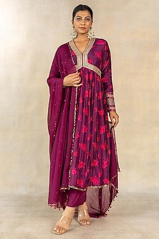 magenta cotton silk printed & hand embroidered anarkali set