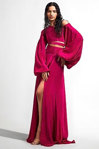 magenta crepe off-shoulder gown