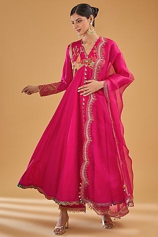 magenta crepe printed & embroidered anarkali set