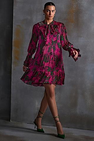 magenta crinkled cupro silk floral hand embellished boho dress