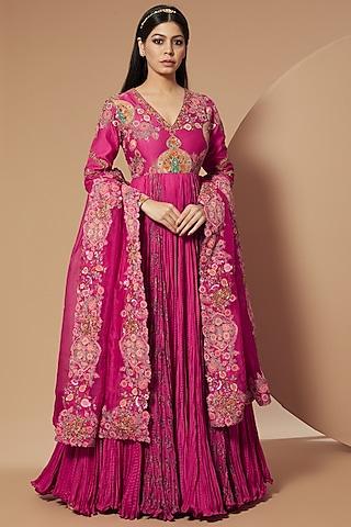 magenta crushed chanderi anarkali set