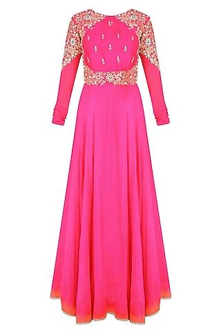 magenta embroidered anarkali set with red contrast embellished dupatta