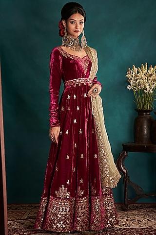 magenta embroidered anarkali set