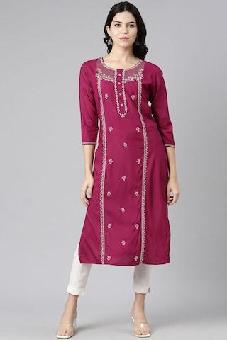 magenta embroidered calf-length casual women straight fit kurta