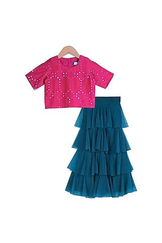 magenta embroidered crop top with teal tiered pants for girls