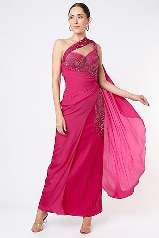 magenta embroidered draped one-shoulder gown