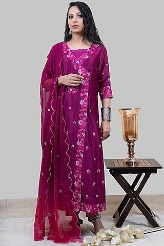 magenta embroidered long angrakha tunic set