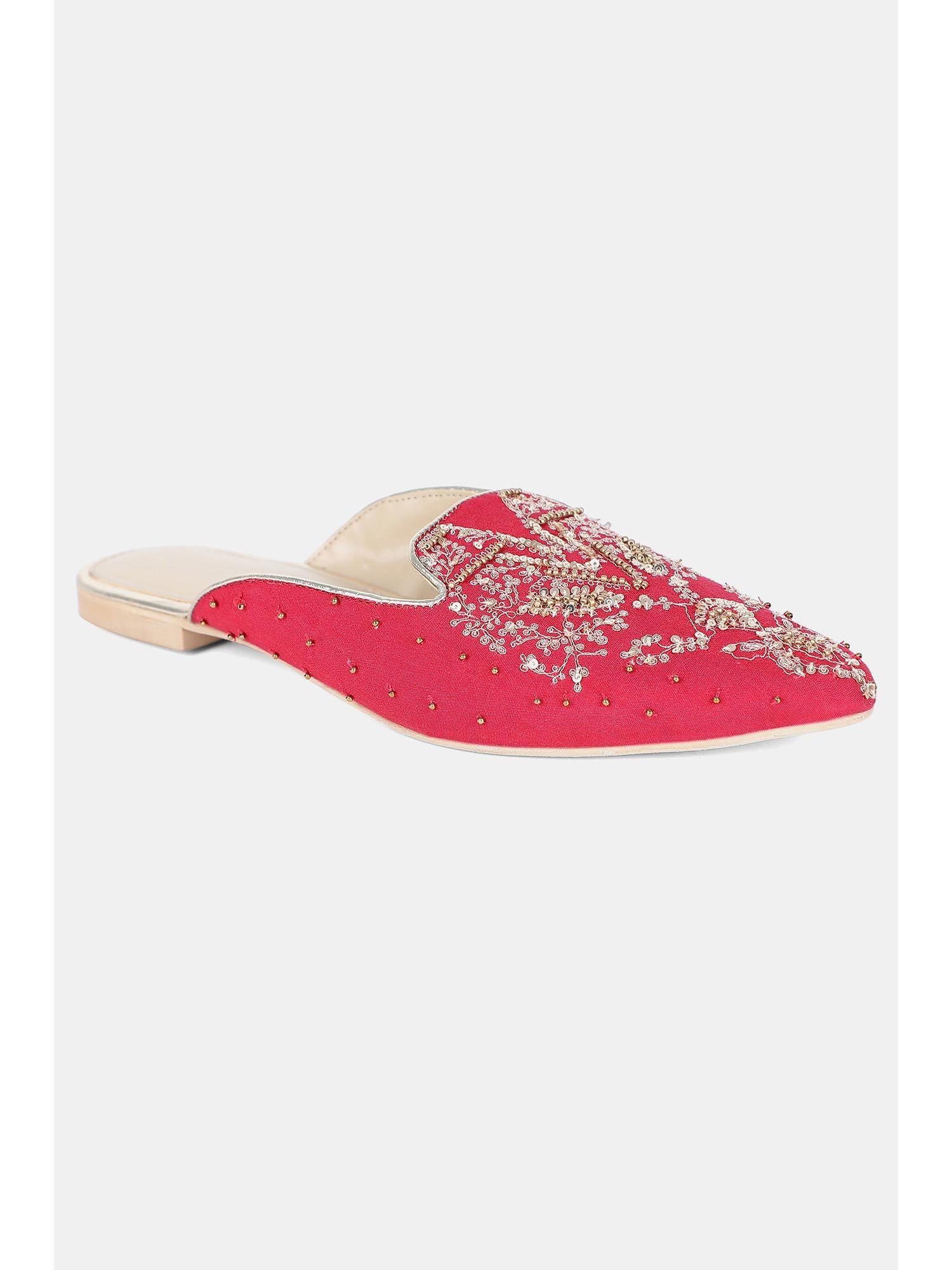 magenta embroidered pointed toe flat