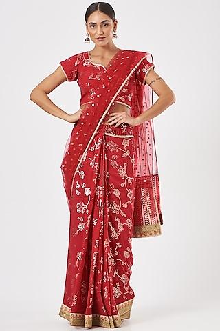 magenta embroidered pre-pleated saree set