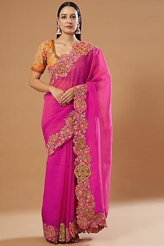 magenta embroidered saree set
