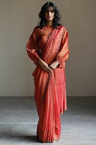 magenta embroidered woven saree set