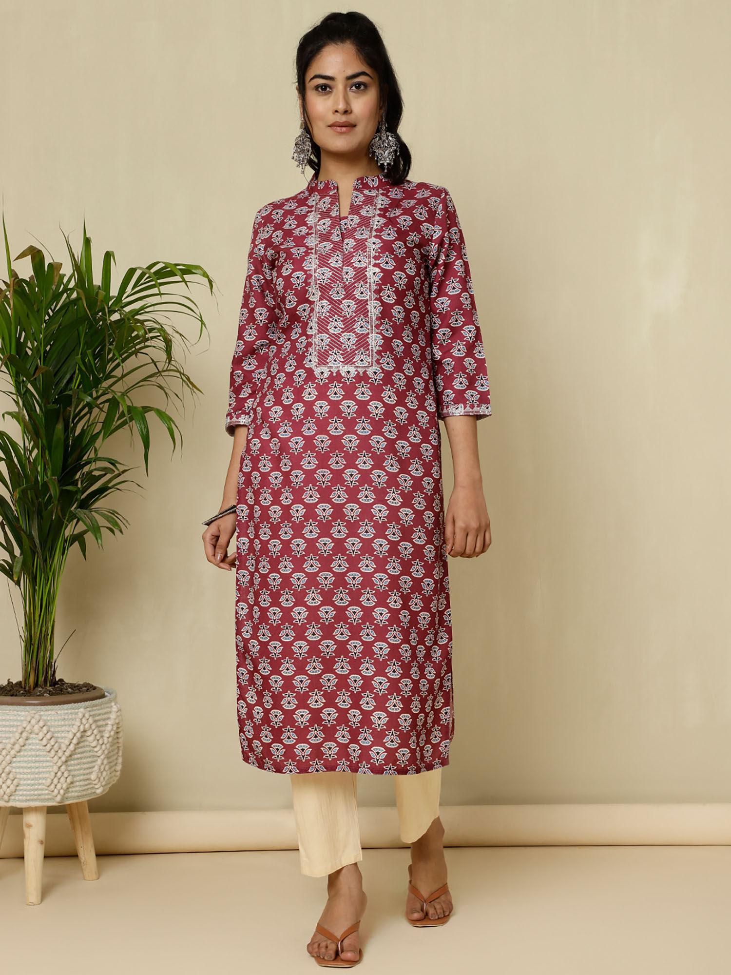 magenta ethnic printed zari work straight kurta