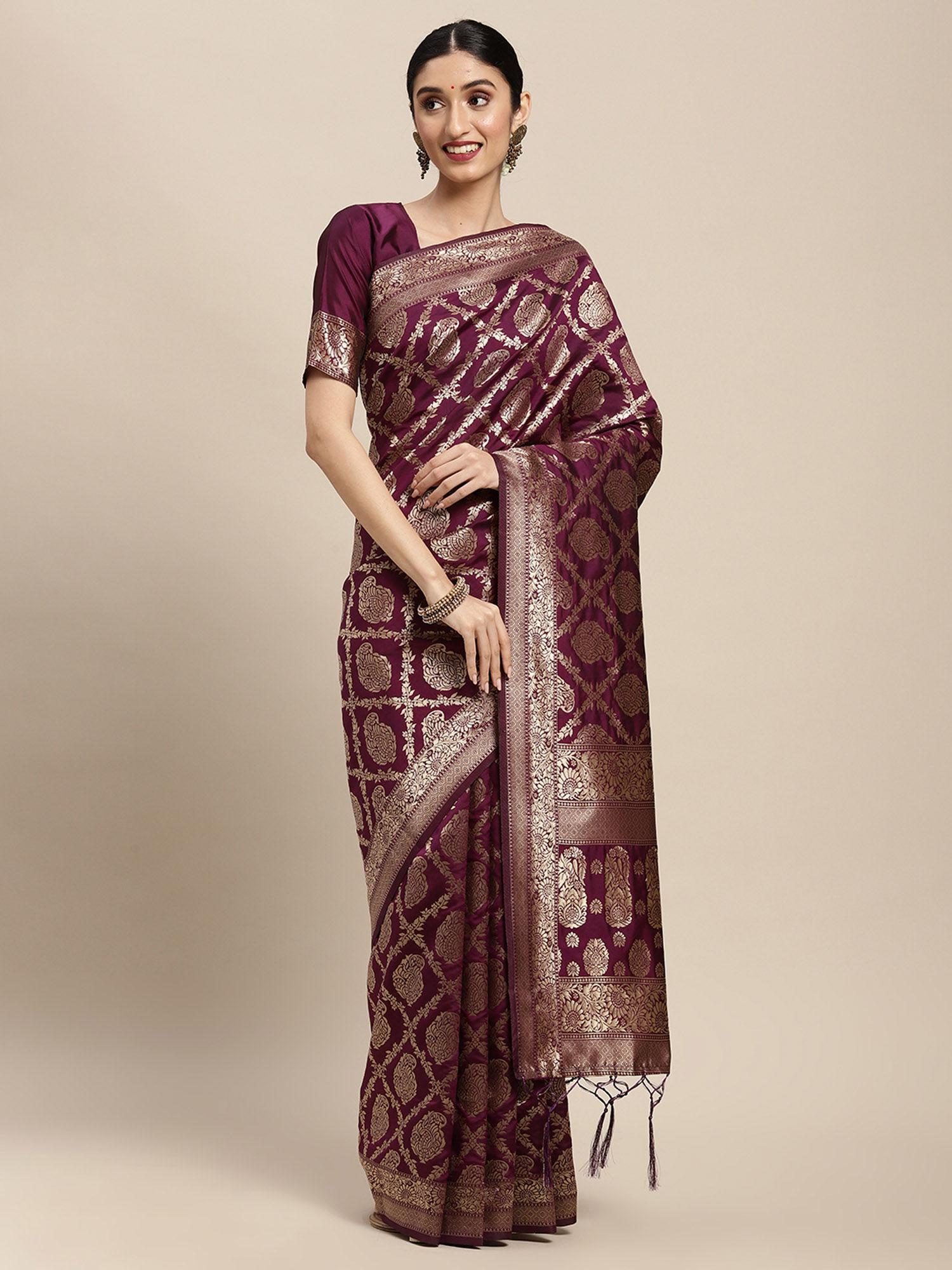 magenta festive banarasi woven design saree with unstitched blouse