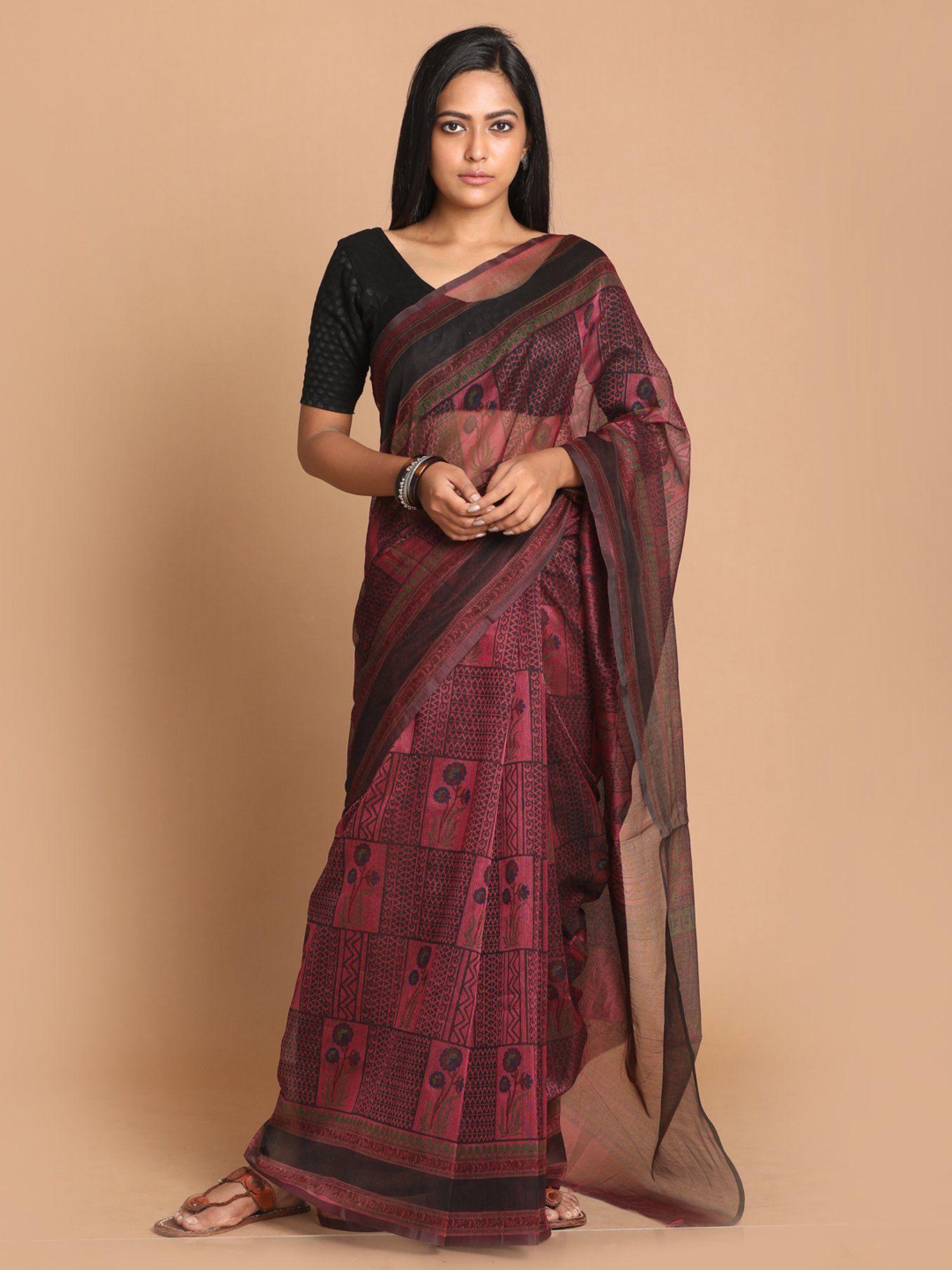 magenta floral cotton blend saree with unstitched blouse