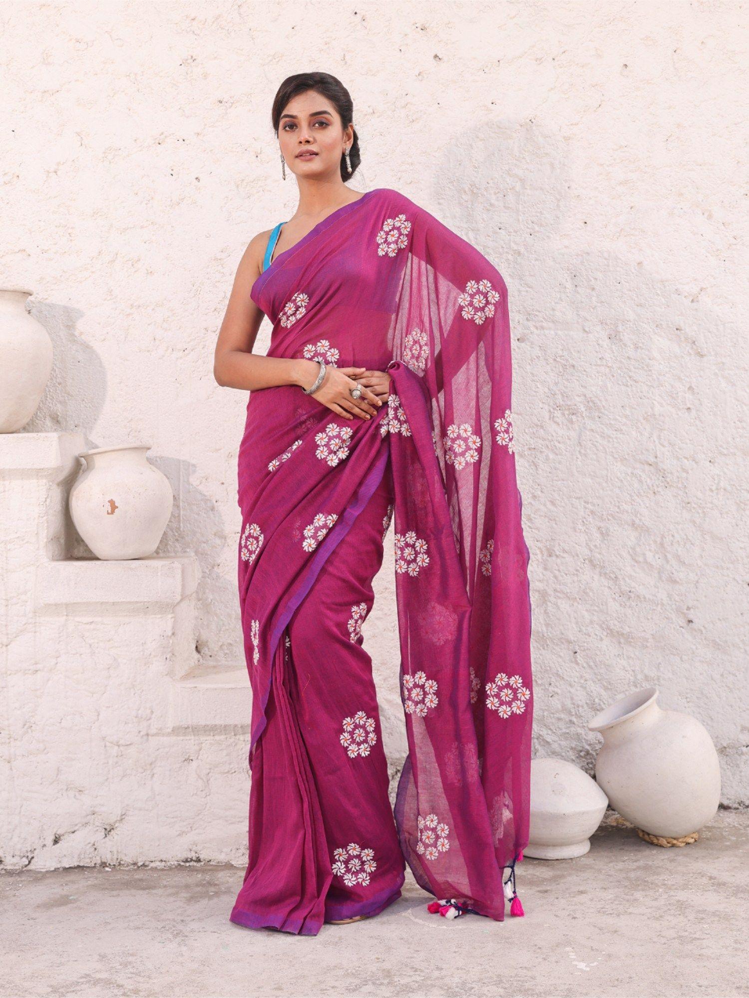 magenta floral embroidery work pure cotton soft saree with unstitched blouse