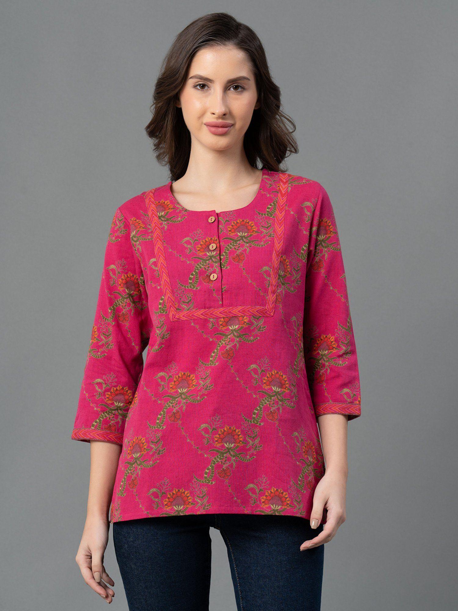 magenta floral print pure cotton womens blouson top