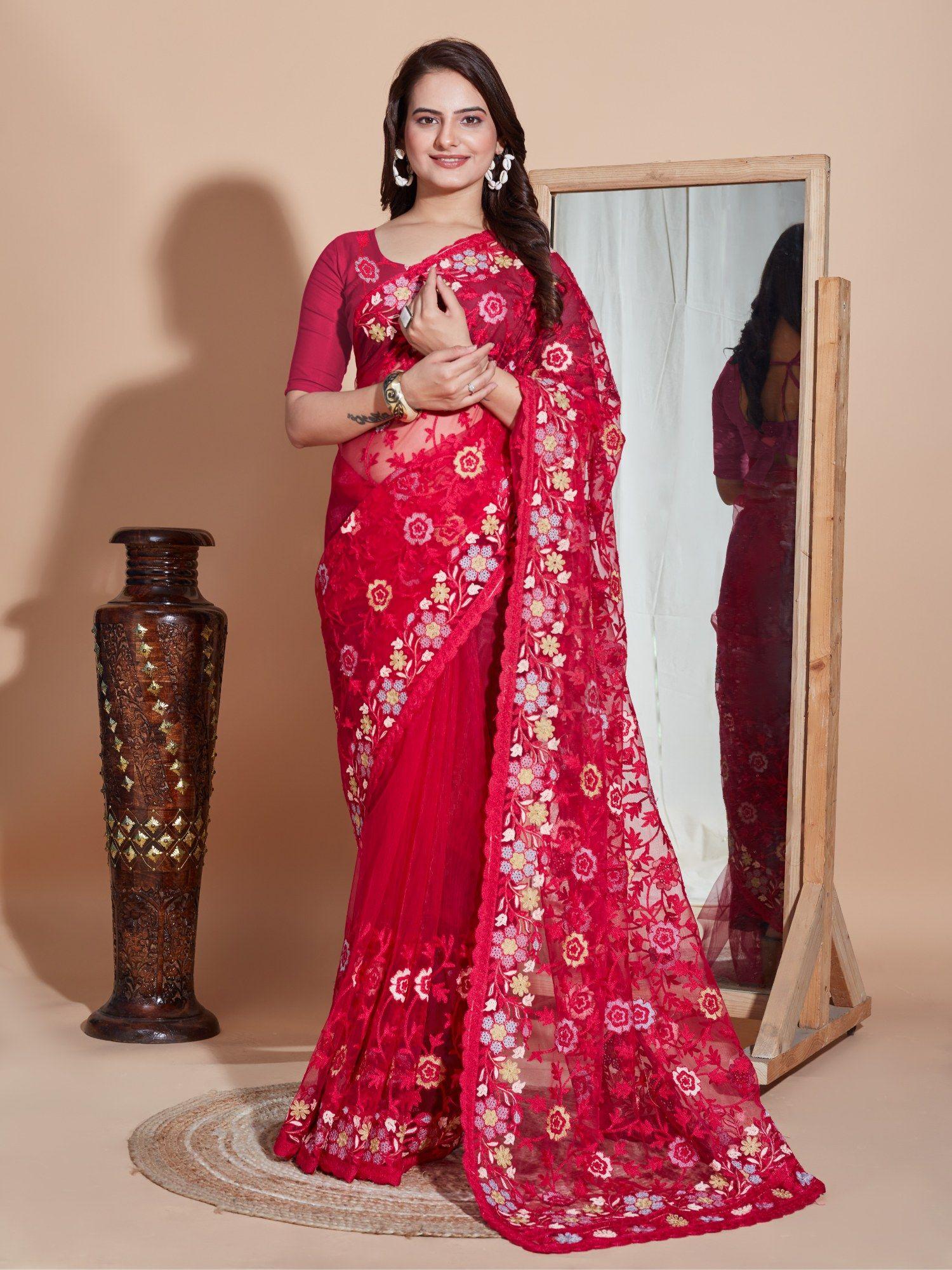 magenta floral soft net embroidery saree with unstitched blouse