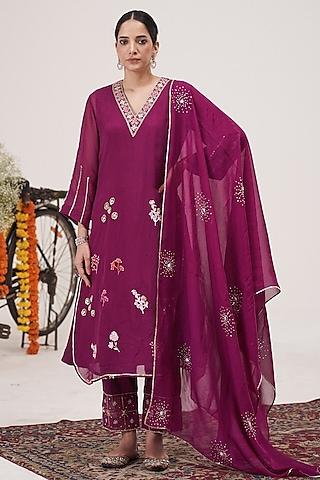 magenta gajji silk & organza boota hand embroidered a-line kurta set