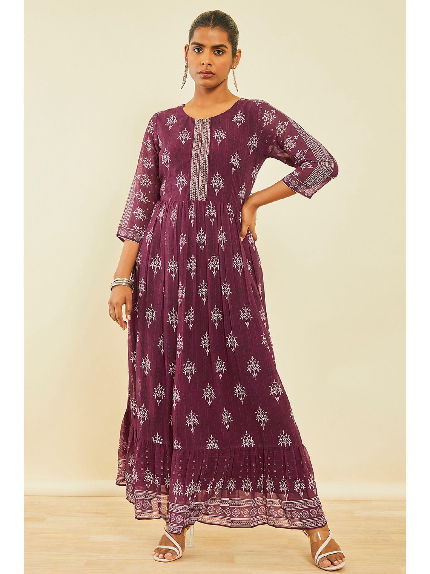 magenta georgette botanical print dress with cut dana