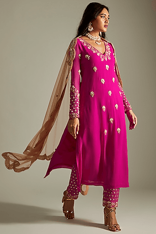 magenta georgette embroidered kurta set