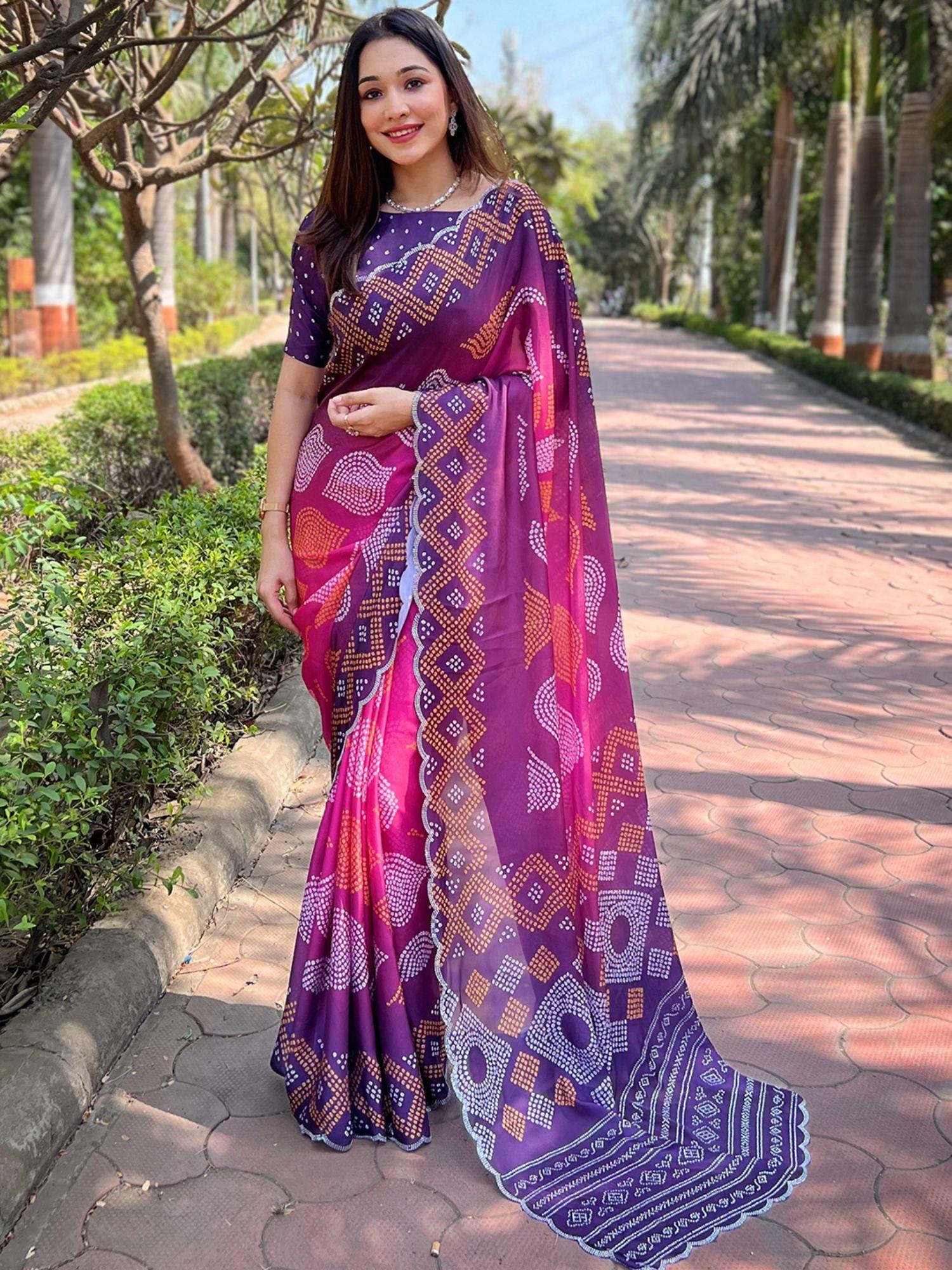 magenta georgette silk ombre bandhani print saree with unstitched blouse