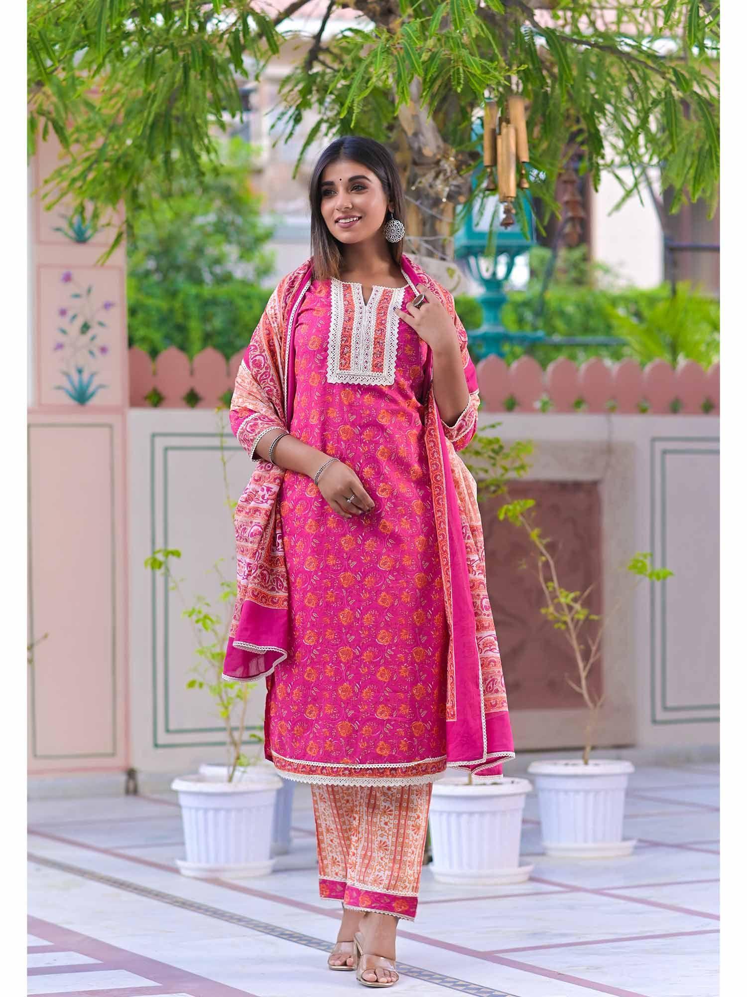 magenta hand block floral printed straight suit (set of 3)