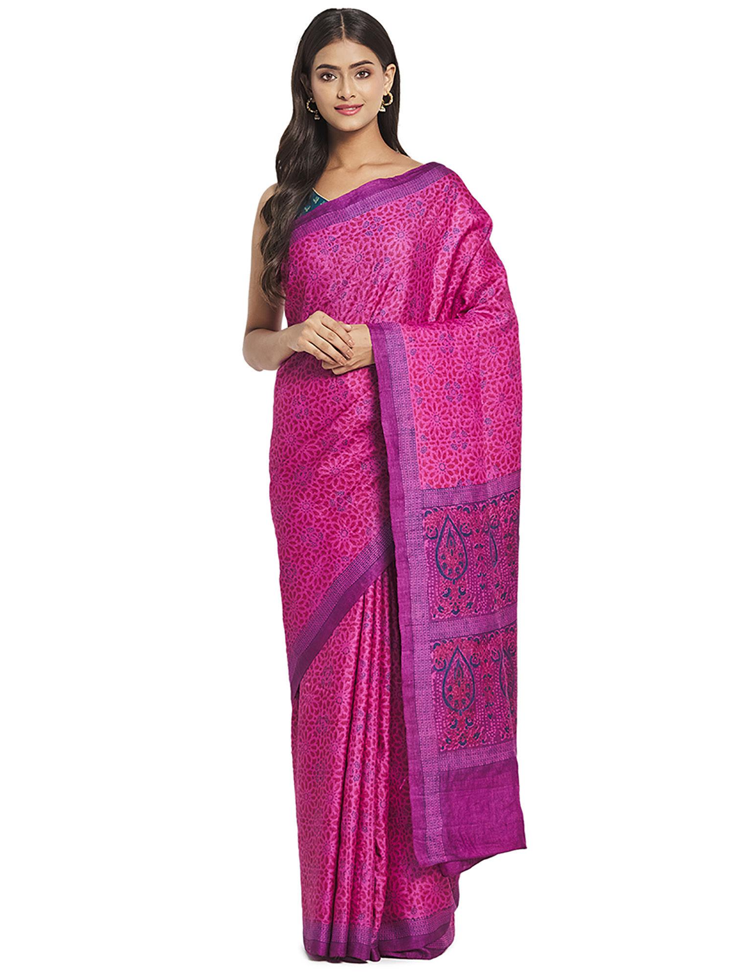 magenta hand block print silk saree