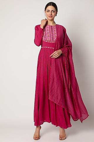 magenta hand embroidered anarkali set