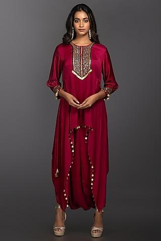 magenta hand embroidered tunic set