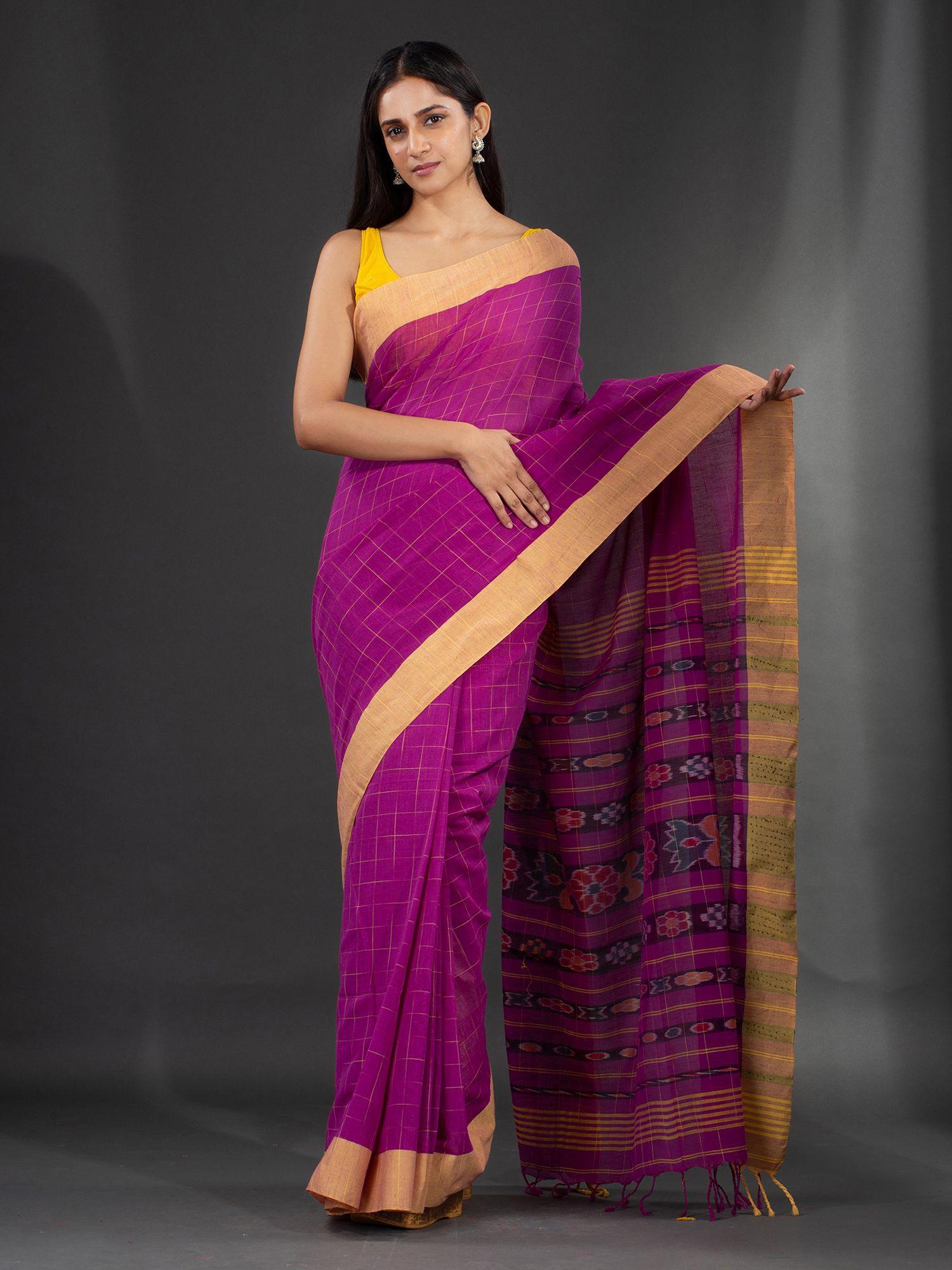 magenta handspun cotton hand woven soft saree with unstitched blouse