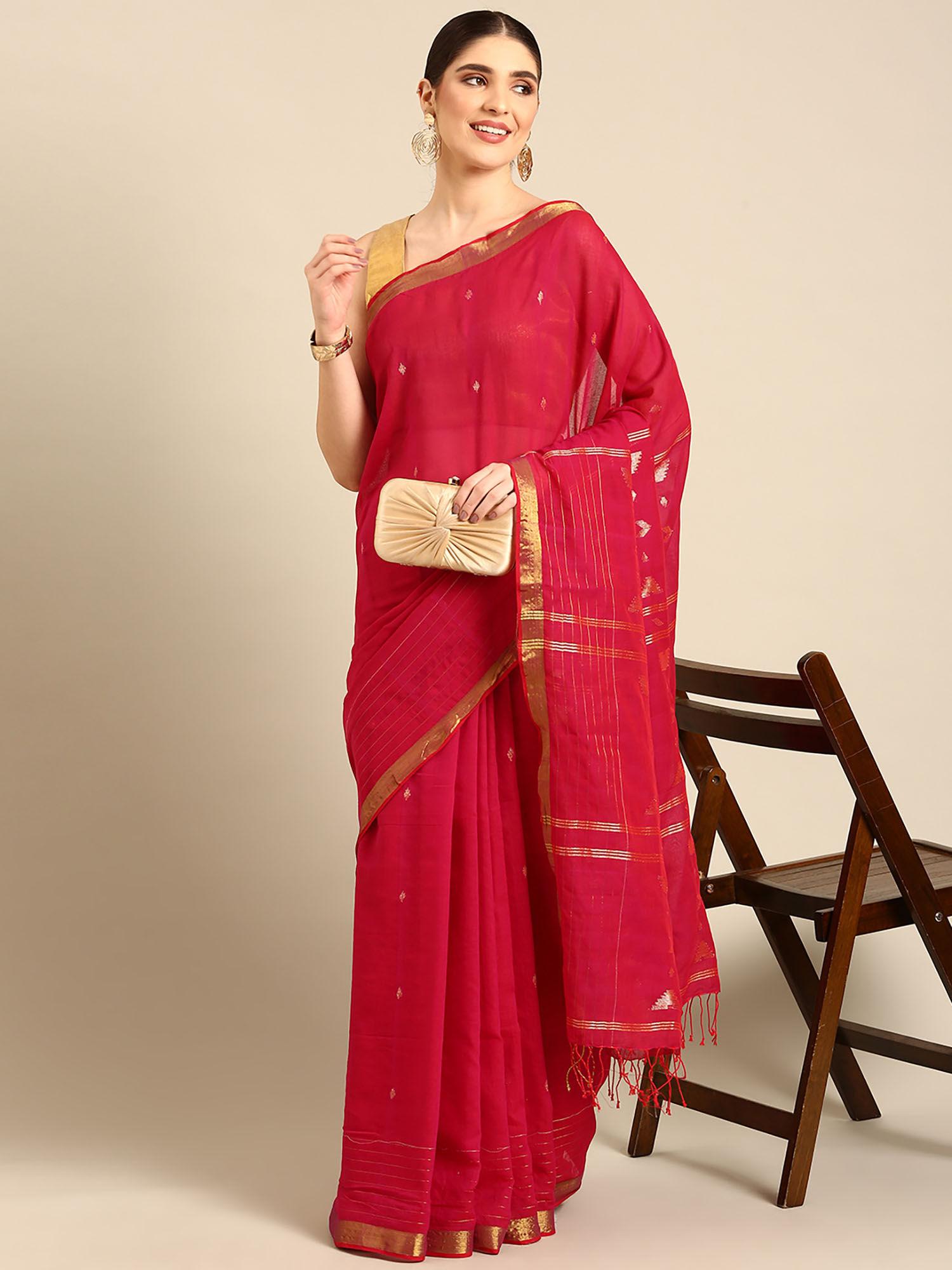 magenta handwoven bengal jamdani saree with unstitched blouse