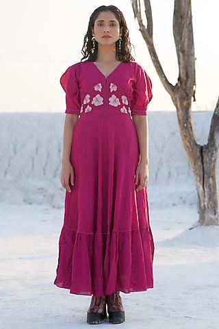 magenta handwoven chanderi silk embroidered dress