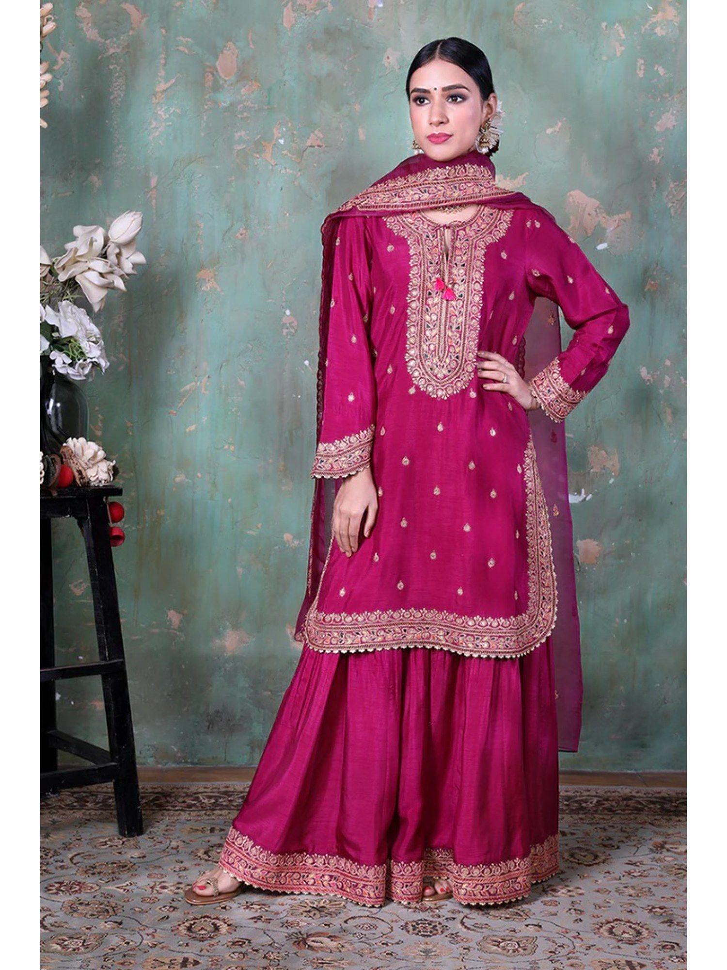 magenta heavy marodi kurta with sharara and dupatta (set of 3)