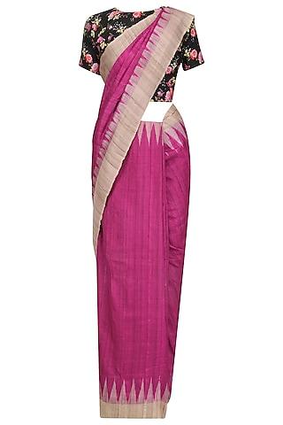 magenta ikat print saree and floral blouse set