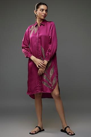 magenta linen satin embroidered tunic