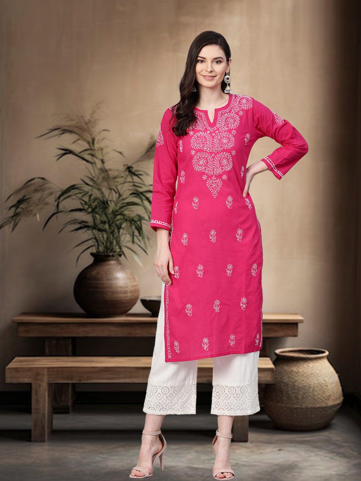 magenta lucknowi chikankari cotton kurta (xs) (a100349)