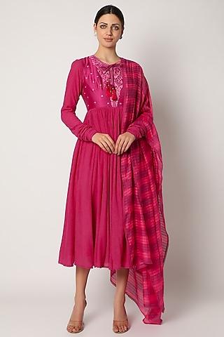 magenta mirror embroidered anarkali set