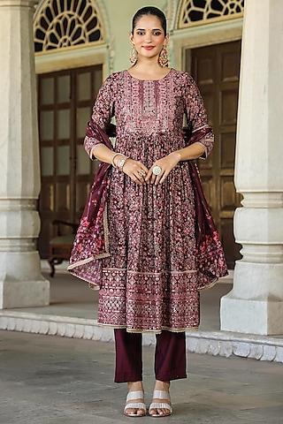 magenta modal chanderi floral printed kurta set