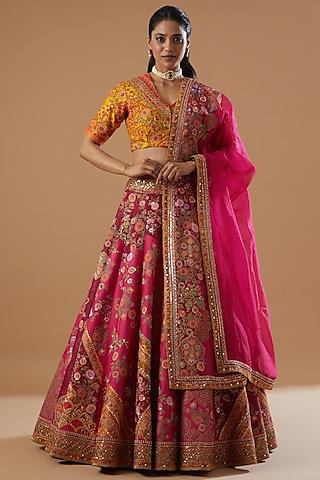 magenta mulmul & chanderi lehenga set