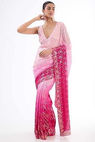 magenta ombre georgette sequins embroidered saree set