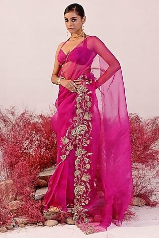 magenta organza hand embroidered saree