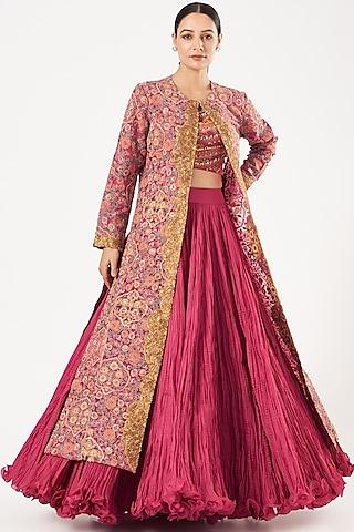 magenta organza jacket lehenga set