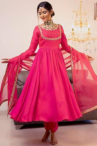 magenta organza mirror embroidered anarkali set