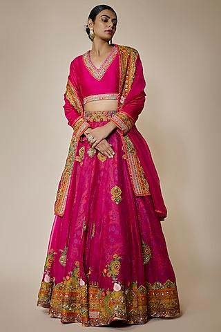 magenta organza patch work lehenga set