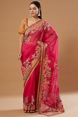 magenta organza saree set