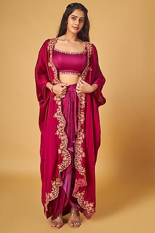 magenta organza thread embroidered cape set