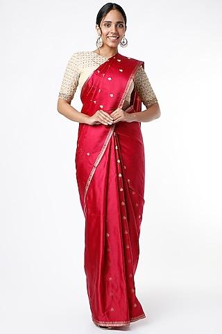 magenta pink banarasi satin saree set