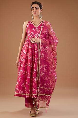 magenta pink chanderi floral printed anarkali set