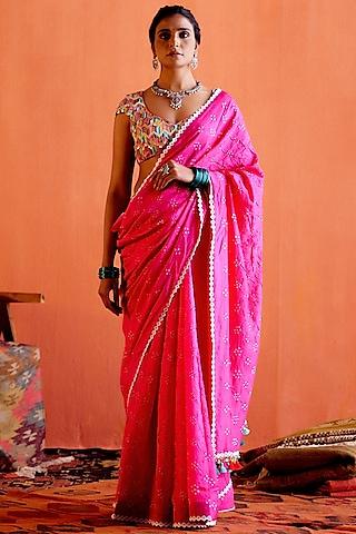 magenta pink chanderi hand-dyed bandhani saree set