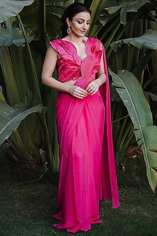 magenta pink chinon pre-stitched gathered saree set